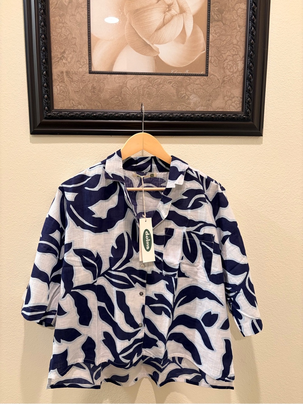 Dolma Erin Abstract Print Cotton  Collard Shirt Navy White size Large  NWT